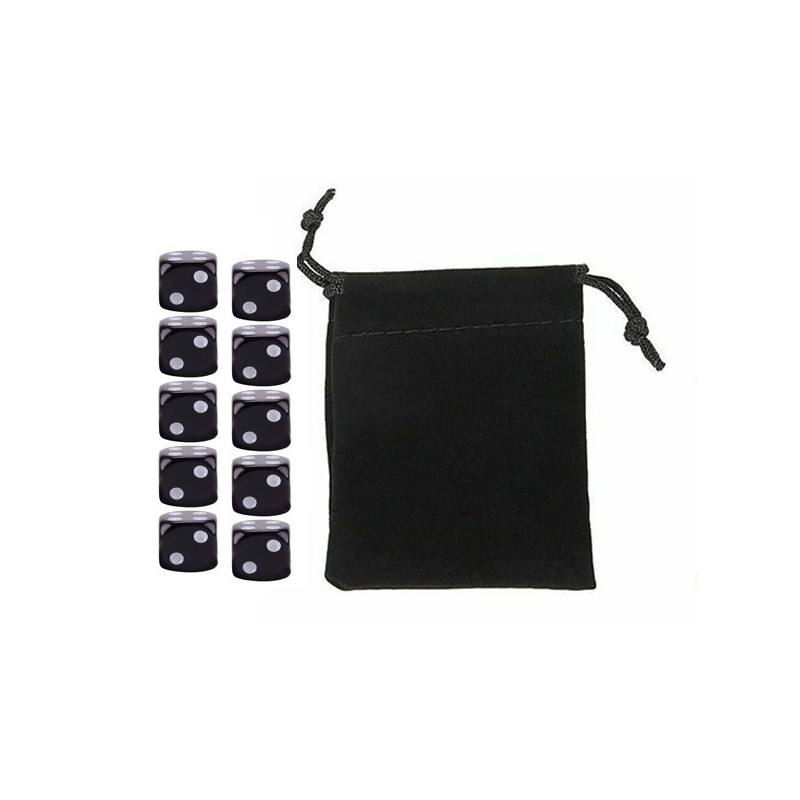 Black Six-sided Dice Set (10) w/ Personal Dice bag FRONTLINE GAMES