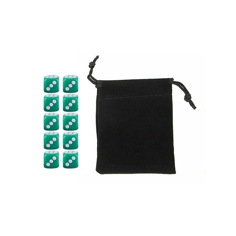 Green Six-sided Dice Set (10) w/ Personal Dice bag FRONTLINE GAMES